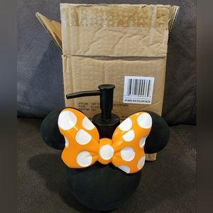 NWT Disney Minnie Mouse Black Soap Dispenser 6in Orange White Polka Dot Bow Pump